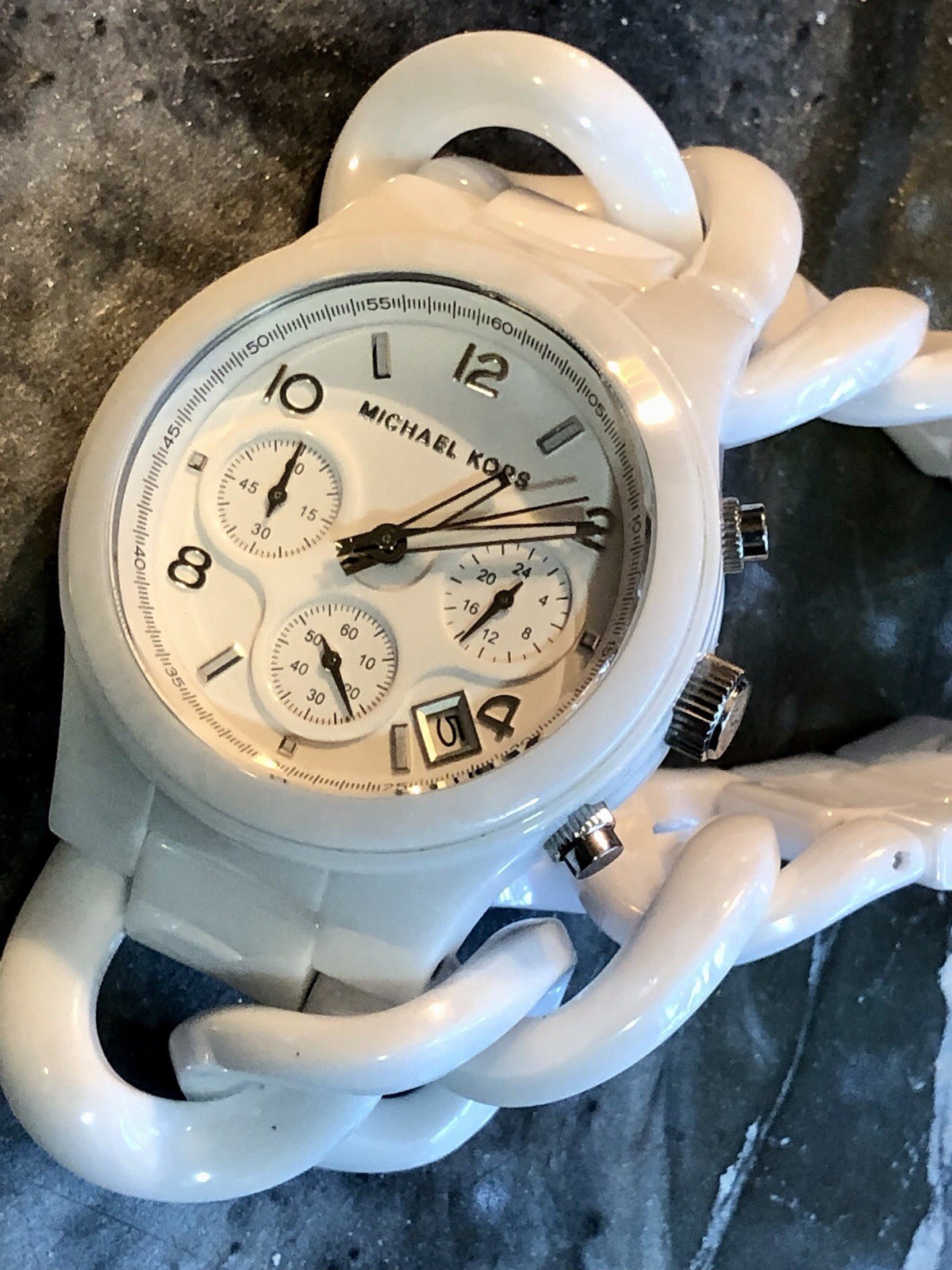 ✨🤍 NOS STUNNING Early MICHAEL KORS White CERAMIC Chain Link Bracelet Watch🤍✨