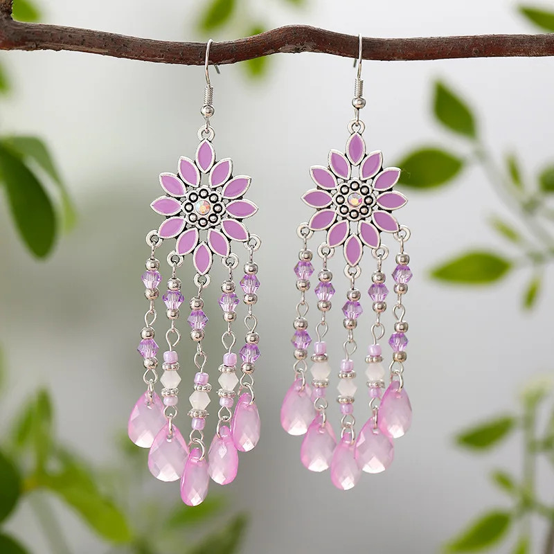 Bohemian Vacation Style Water Drop Tassel Earrings for Women Vintage Long Drop