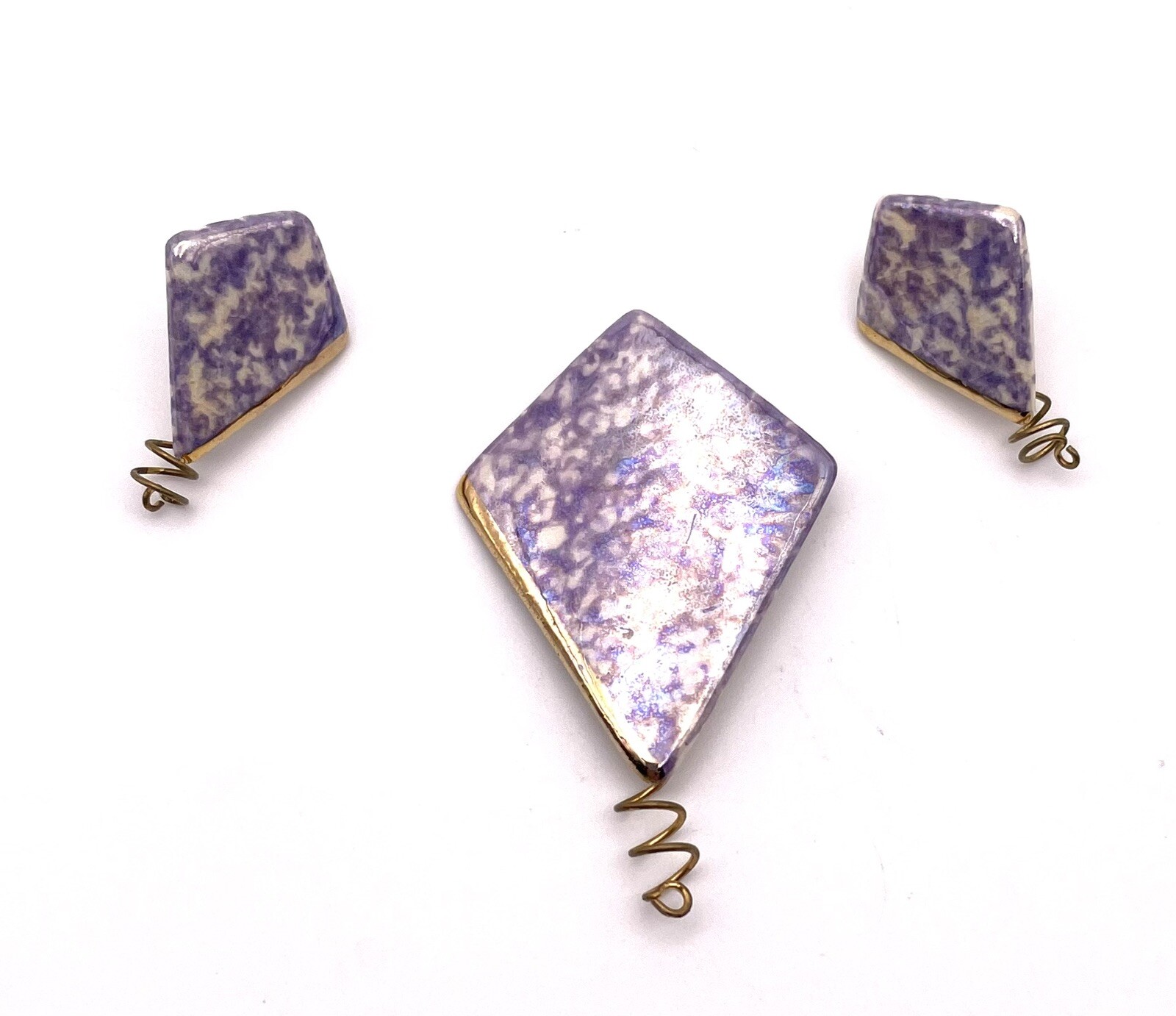 Kite Shaped Brooch & Earring Set VTG Handmade Porcelain Purple White & Gold