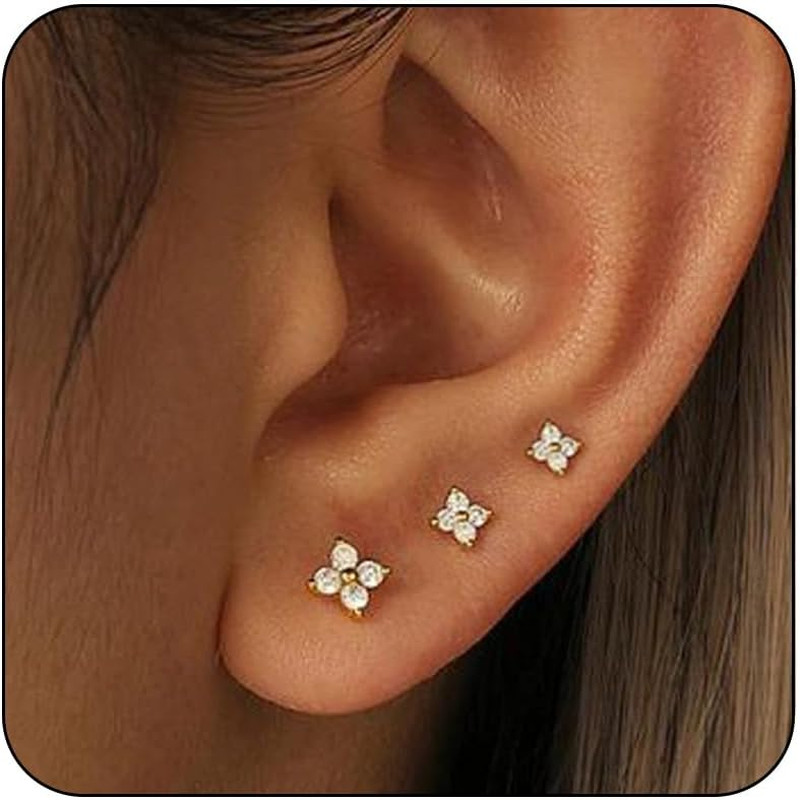 3 Pairs 14K Gold Plated Stud Earring Sets for Women Small Dainty Sterling Silver
