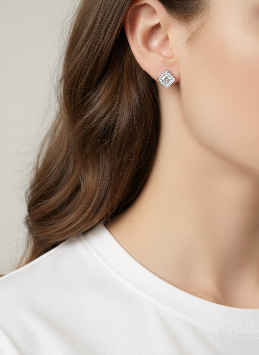 Soft Square Glass Rhinestone Stud Earrings 0.4in, Gold or Silver Tone