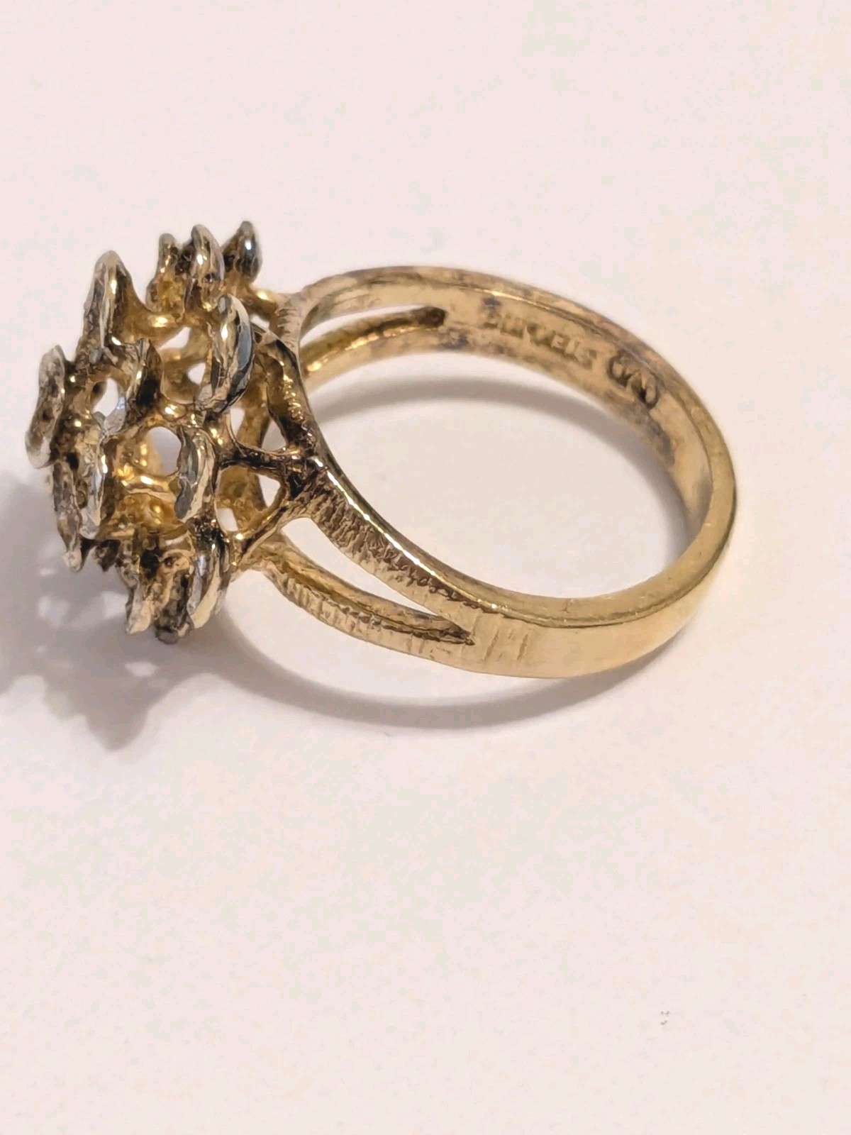 Signed M Gold Plated 925 Silver Dome Flower Nugget Style Cocktail Ring. Size 8.