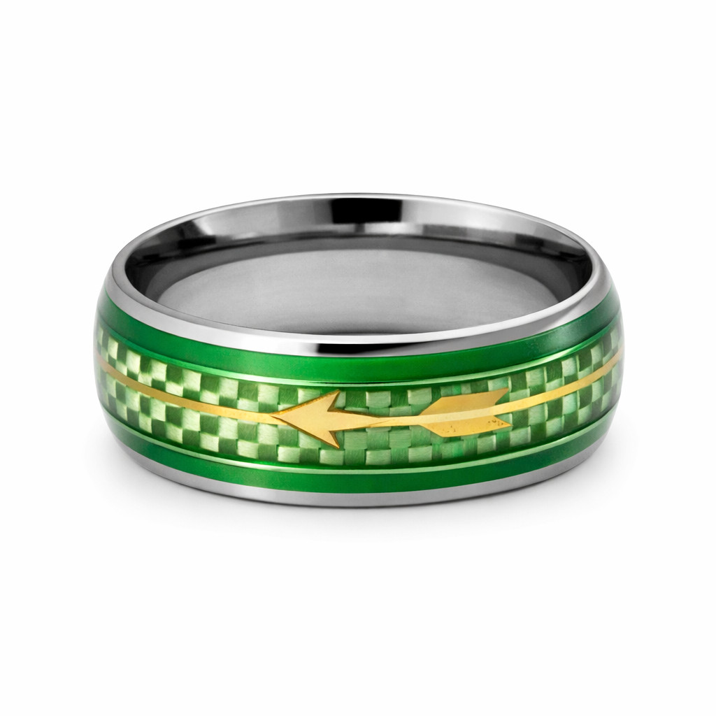 10mm Silver Stainless Steel Wedding Band Ring ? Green Carbon Fiber Inlay