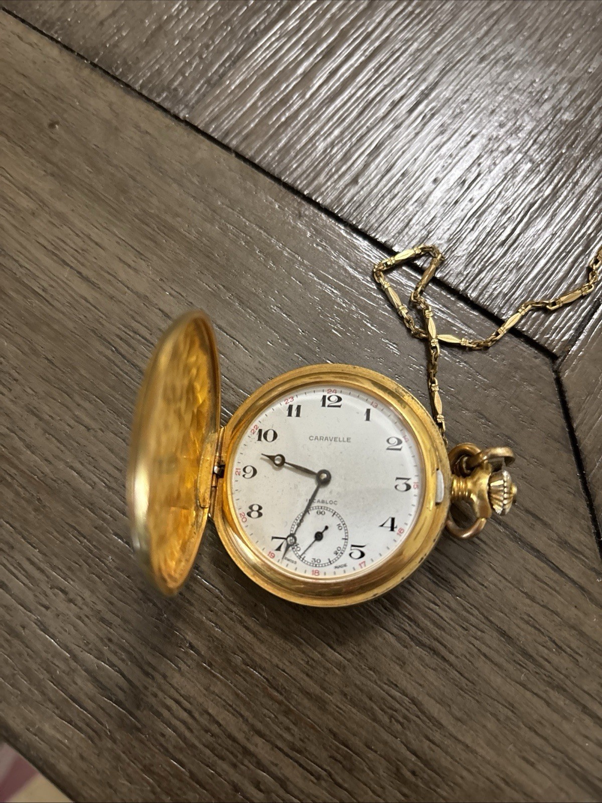 Vintage Bulova Caravelle Pocket Watch & Chain Ancre de Precision Gold Tone WORKS