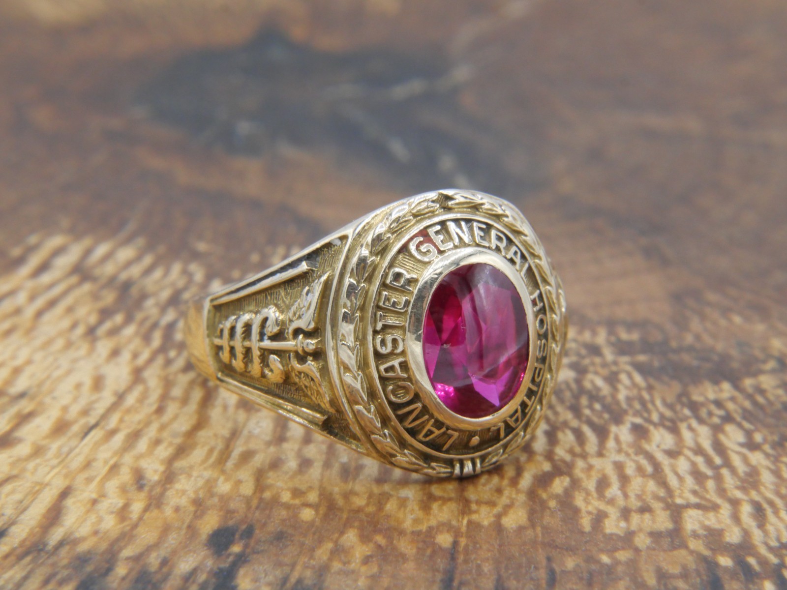 Antique 1931 10K Gold Lab Created Flame Fusion Ruby, Lancaster Hospital Ring