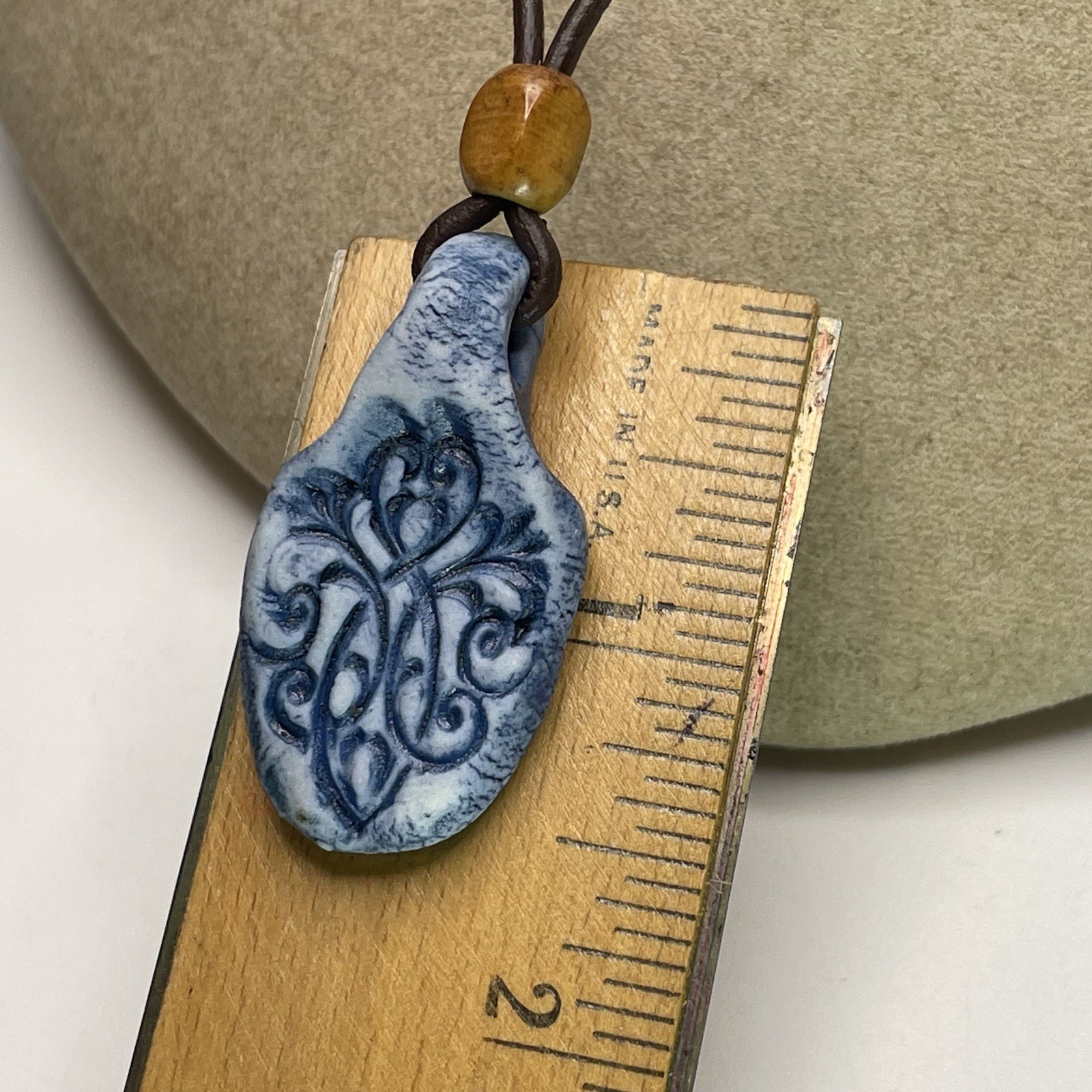 Vtg Handmade Ceramic Charm Leather Cord Necklace Stone Bead Scroll Print 24”