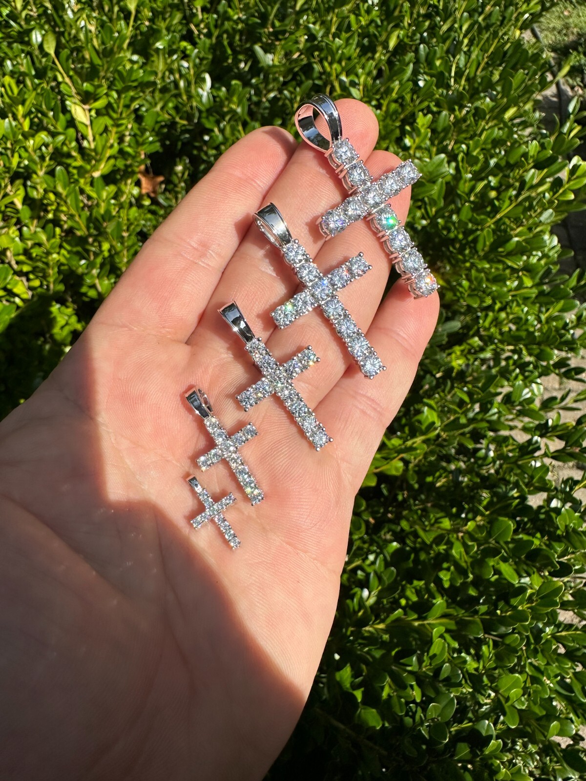 Real MOISSANITE Solid 10k White Gold Iced Tennis Cross Pendant Necklace 5 Sizes