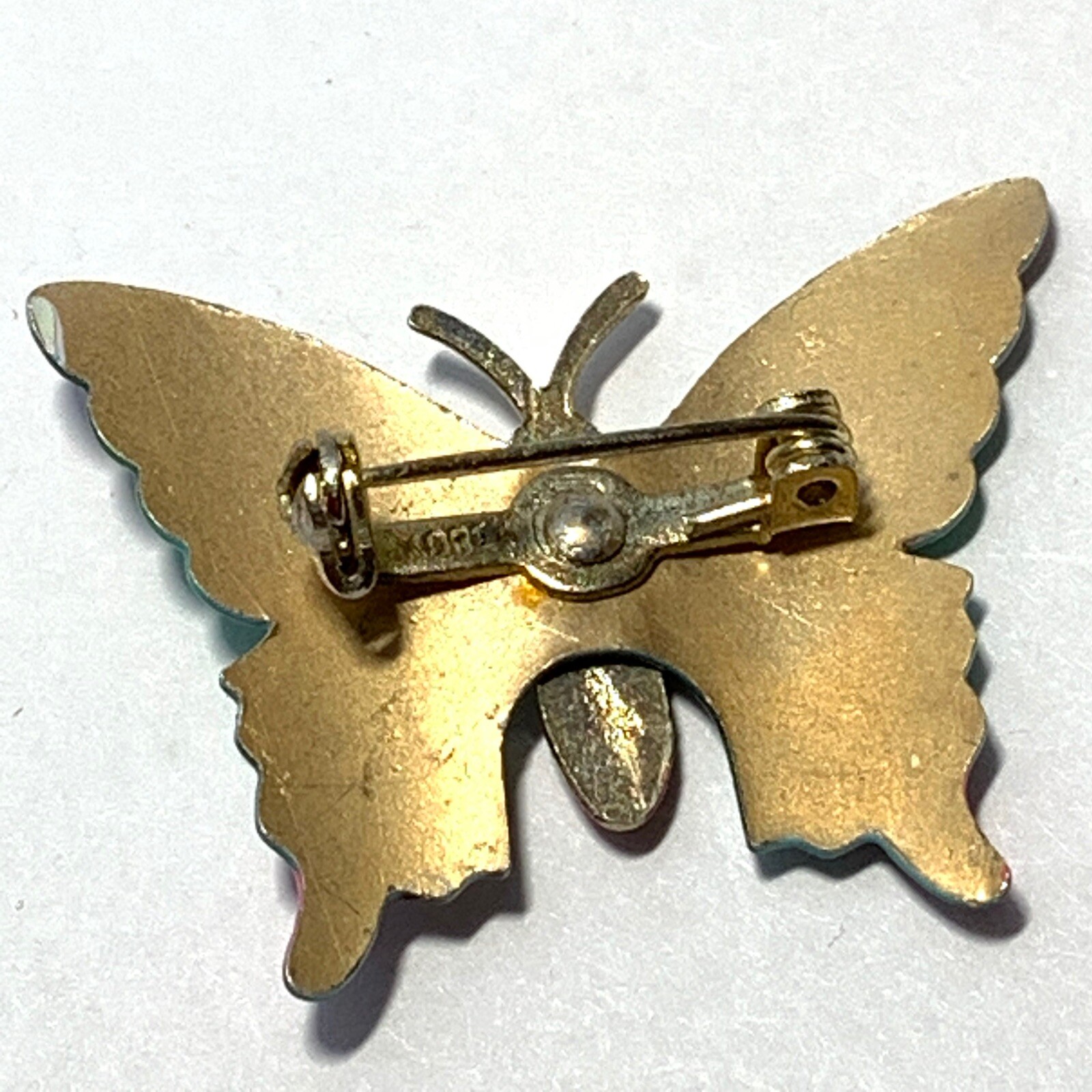 VINTAGE KOREA Green Enamel BUTTERFLY PIN Gold Tone Pink Black Spots 1.5″