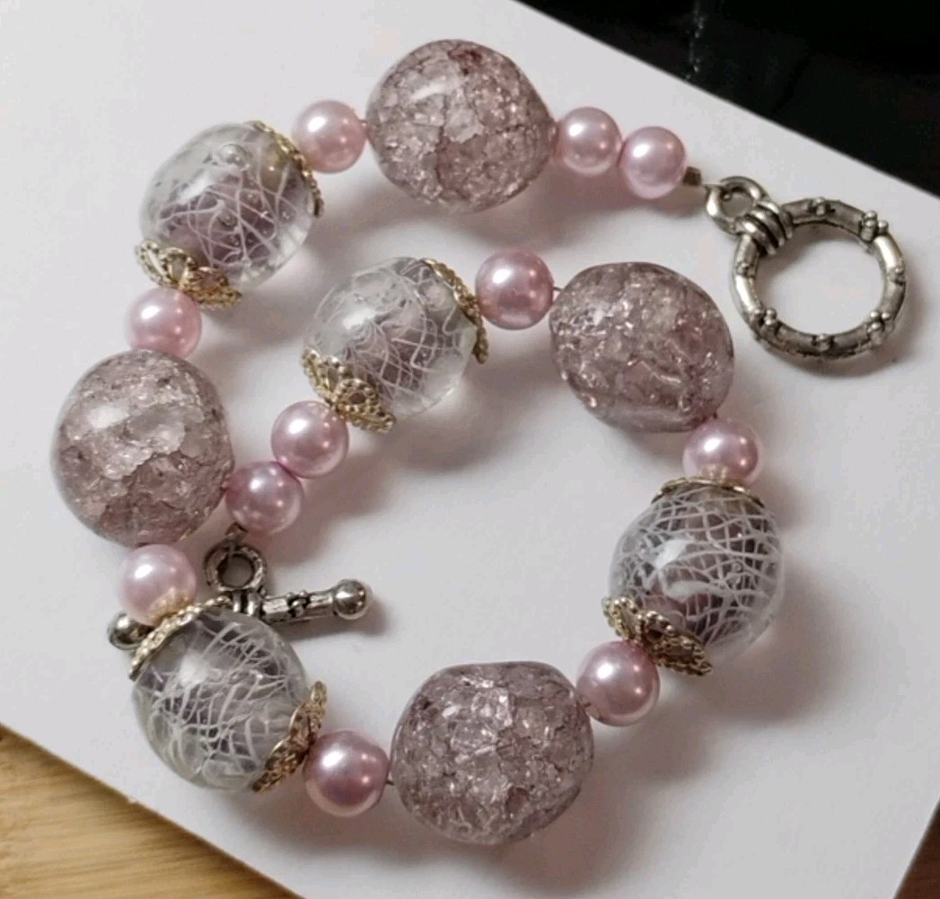 Artisan Chunky ART Glass (Crackle/Swirl) Dusty Rose Faux Pearl Bracelet!