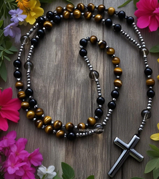 Black Tiger Eye Hematite Cross Necklace Hand Knotted Beads Lucky Pendant
