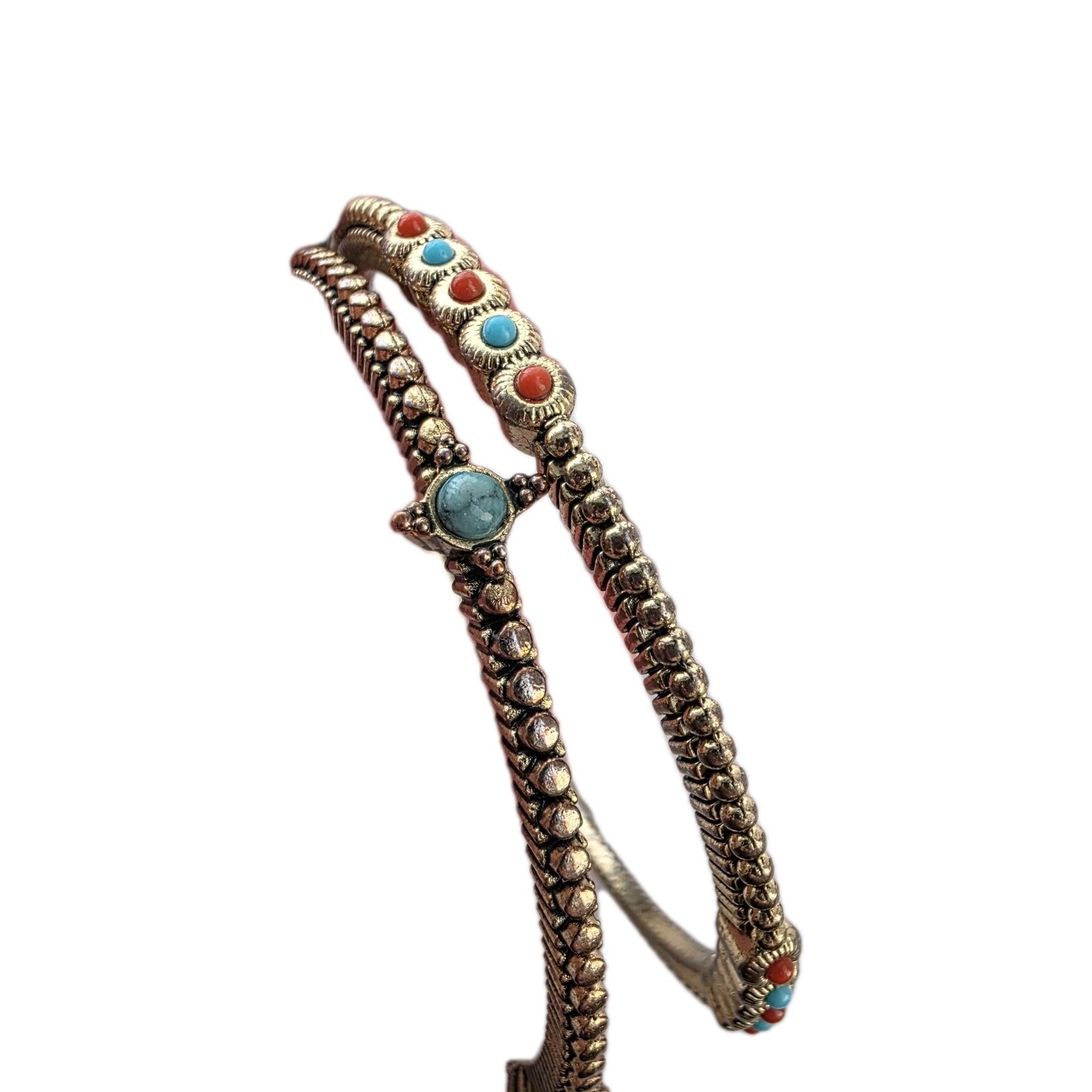 Graziano Italy Bangle Bracelet 2 Piece Set Statement Antiqued Gold With Stones