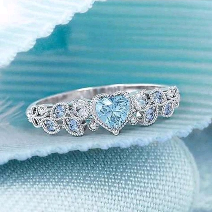 Silver-Plated Zinc Baby Blue Heart-Shaped CZ Ring Size 8