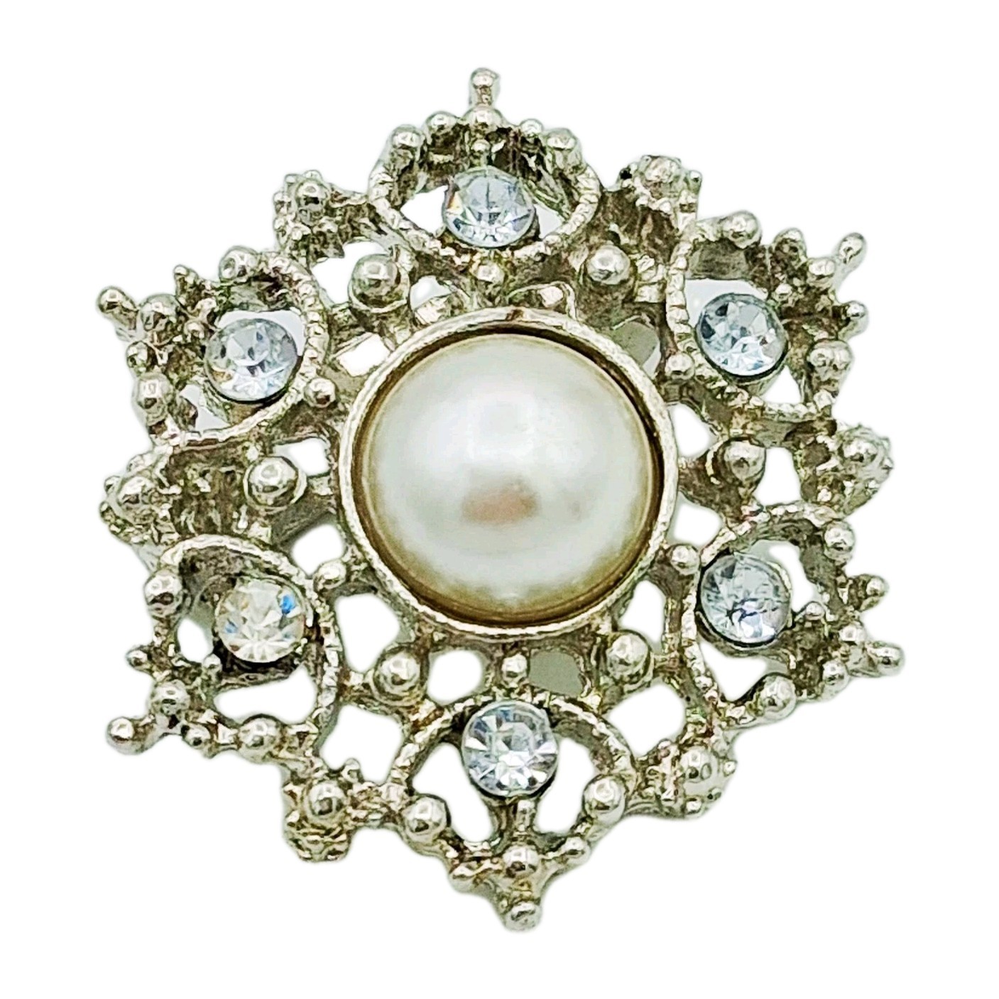 Vtg Silver Tone Scatter Pin Clear Rhinestones & Faux Pearl Center 1″ Brooch VGC