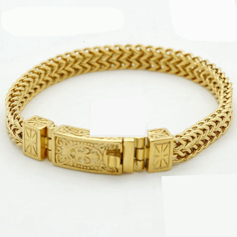 Men’s 8.5″ Stainless Steel 12mm Franco Chain Buckle Bracelet Gold plated +Box