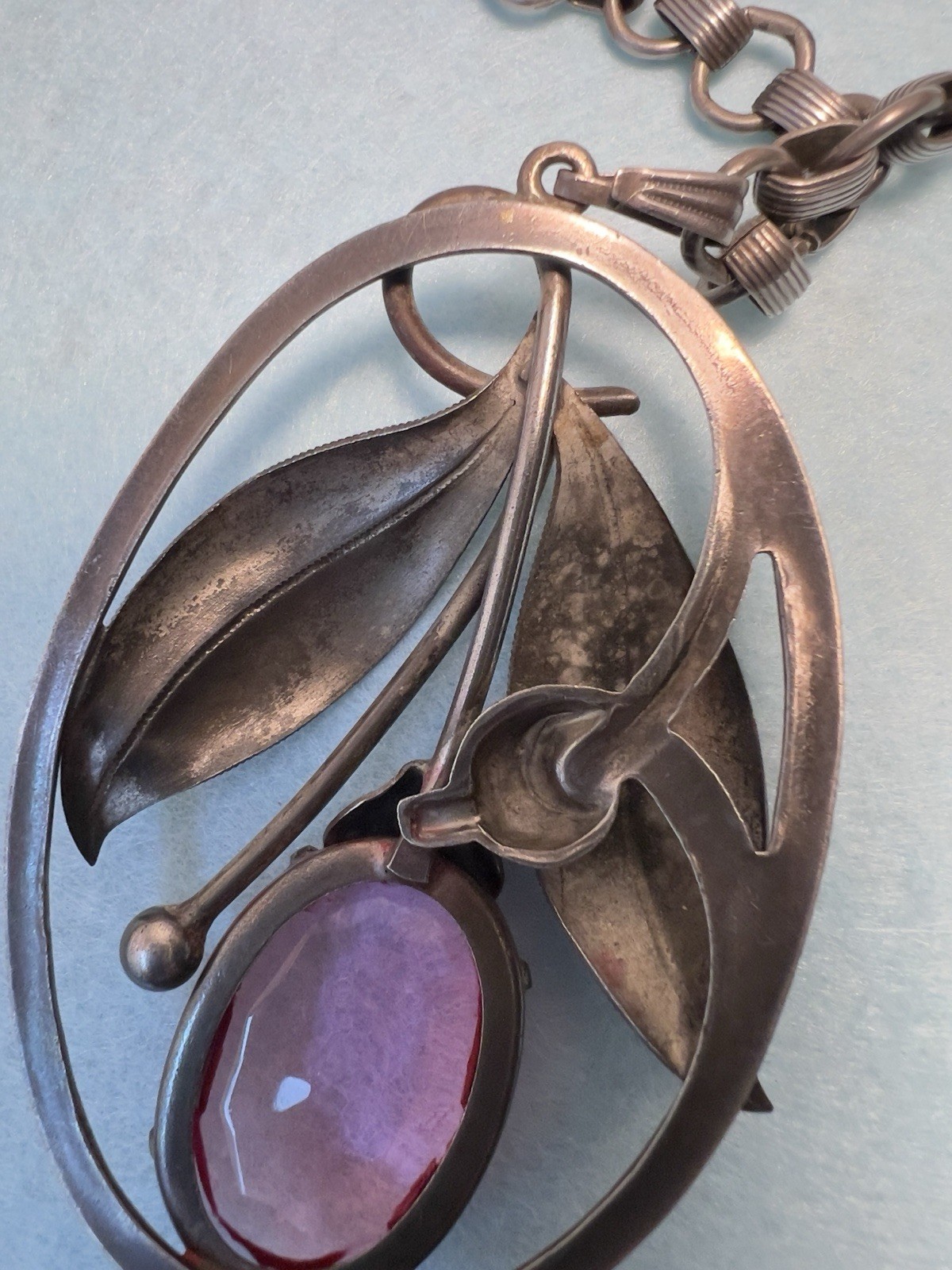 Vintage Art Nouveau Pink Glass 3.25” Pendant Bookchain Necklace 18” Chain