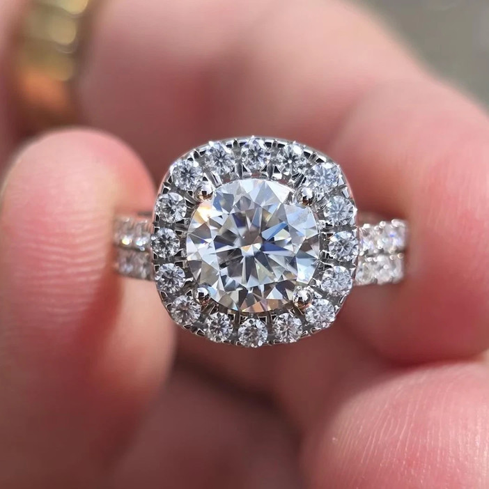2CTW Round Cut Moissanite Engagement Halo Bridal Set Ring 14k White Gold Plated