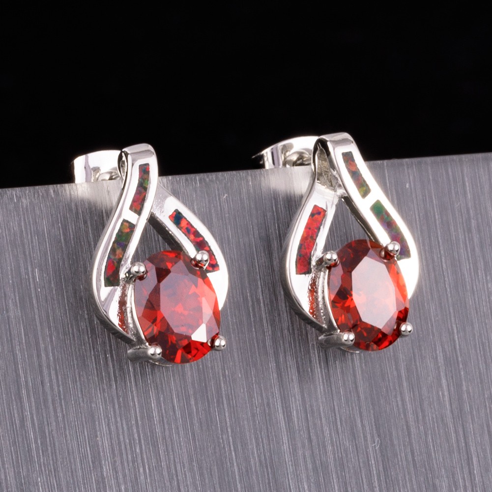 6x8Oval Simulated Garnet Black Cherry Red Fire Opal Silver Jewelry Stud Earrings