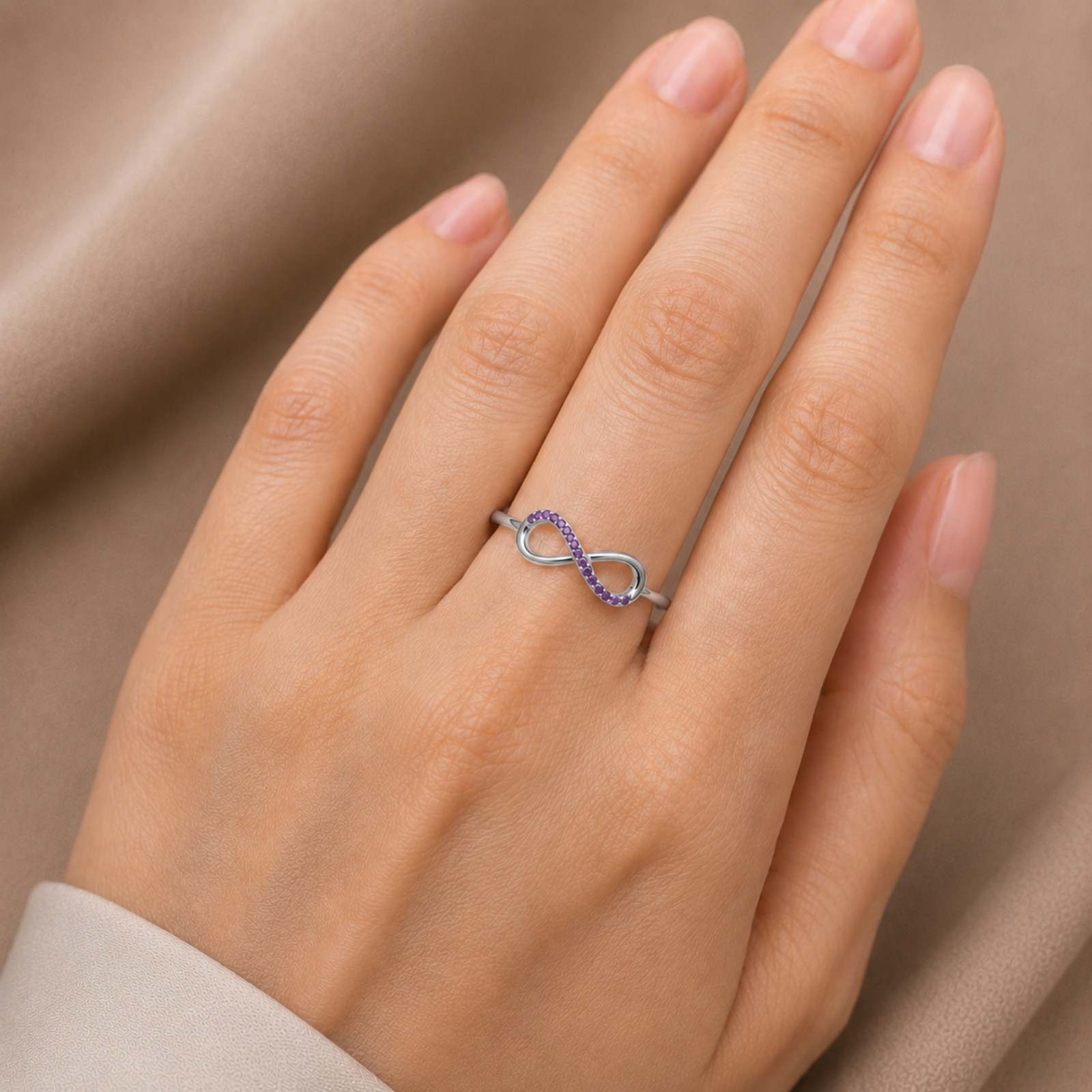 925 Sterling Silver Amethyst Infinity Ring Round Purple Gemstone Prong Set Women