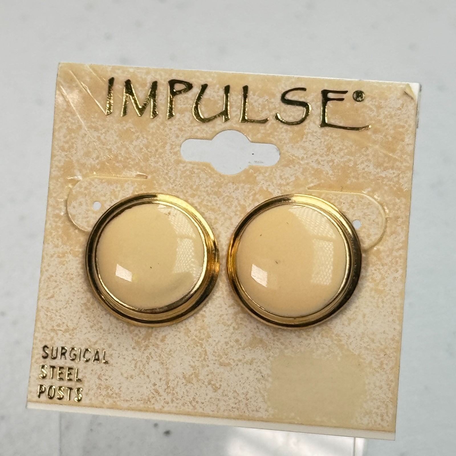 Vintage Pierced Earrings Stud Cream Beige Round Disc Circle Enamel 90s Y2K 80s