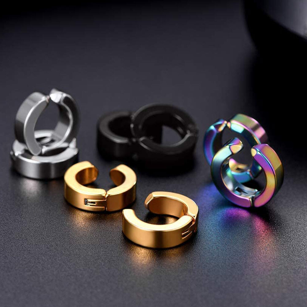 Non-Piercing Clip On Fake Mens Boy Ear Stud Cuff Hoop Earrings Stainless Steel