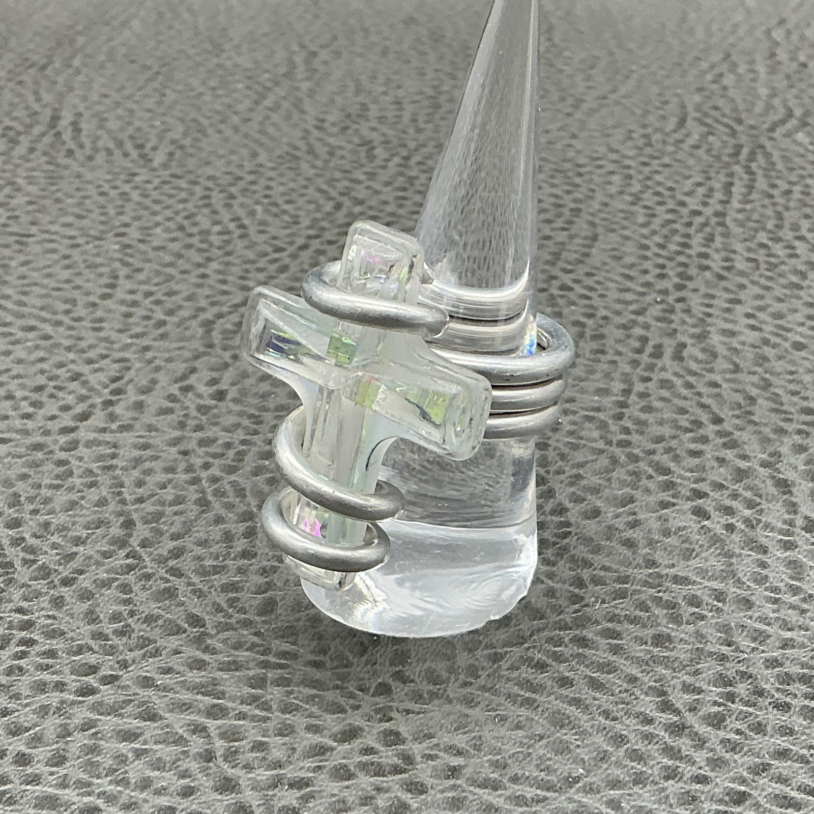 Silver Tone Wrap Ring Size 8 Clear Crystal Cross Statement Cocktail Fashion