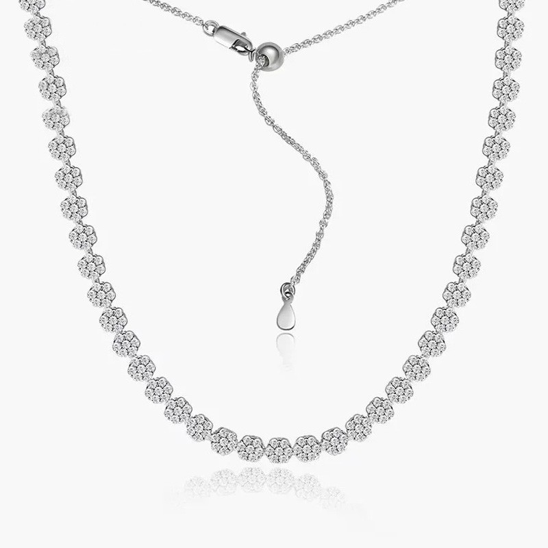 Full Round Cut Moissanite Flower Tennis Necklace Women Chain 925 Sterling Silver