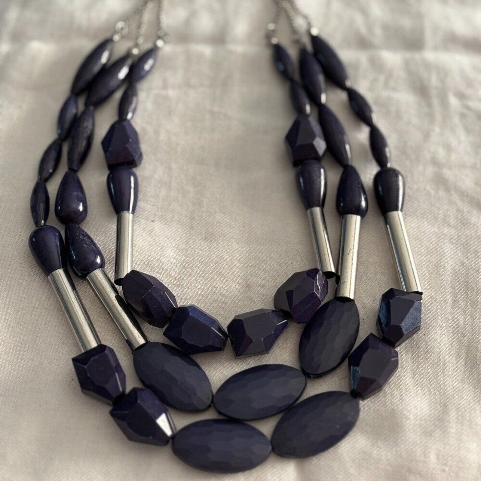 C Wonder Navy Blue Faceted Bead Statement Necklace Silver Accents