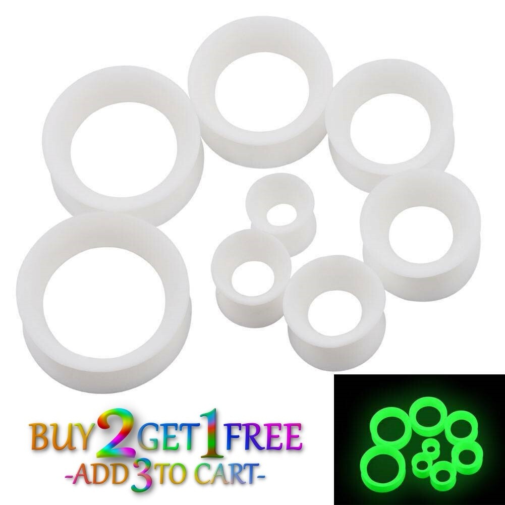 Pair 8g-40mm CLEAR GLOW SILICONE FLESH TUNNELS Double Flare Gauges Thin 1030