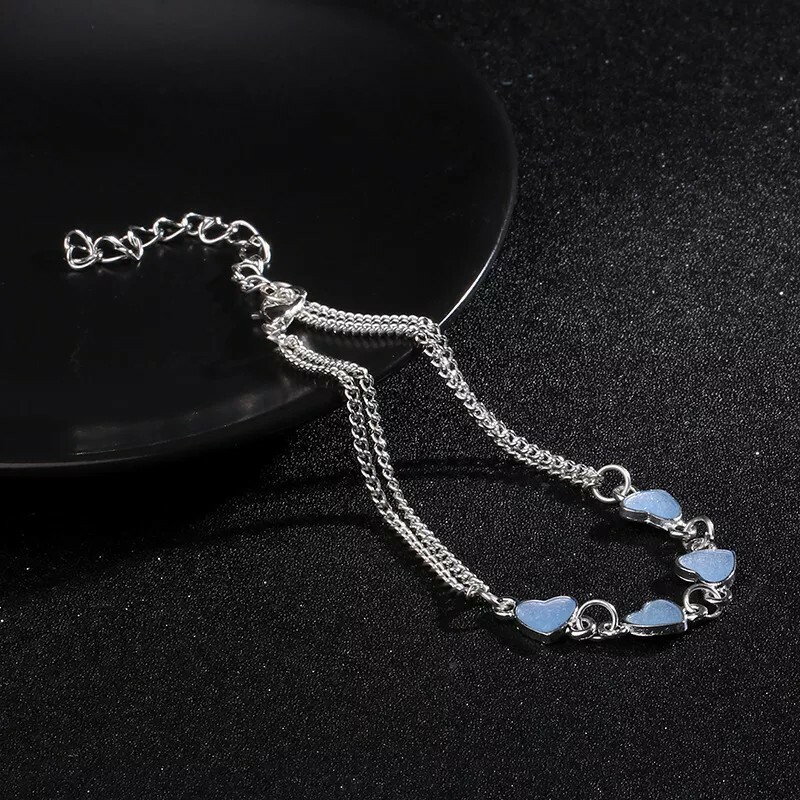New Year Luminous Lady Beach Wind Blue Peach Heart Tassel Anklet Silver Chain