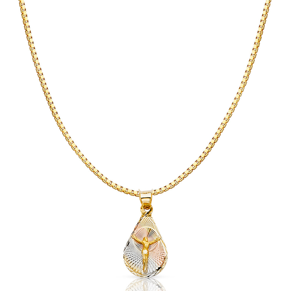 14K Tri Color Gold Jesus Stamp Religious Charm Pendant &1.2mm Box Chain Necklace