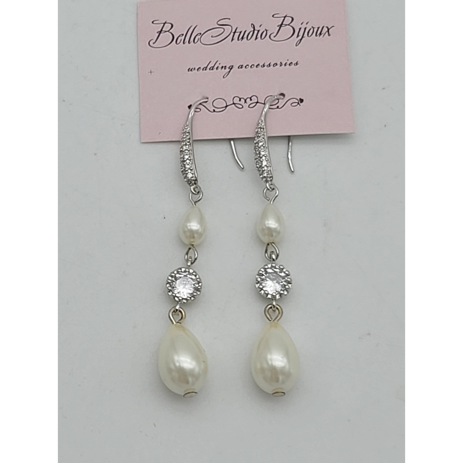 Belle Studio Bijoux CZ Crystal & White Pearl Teardrop Dangle Earrings NWT