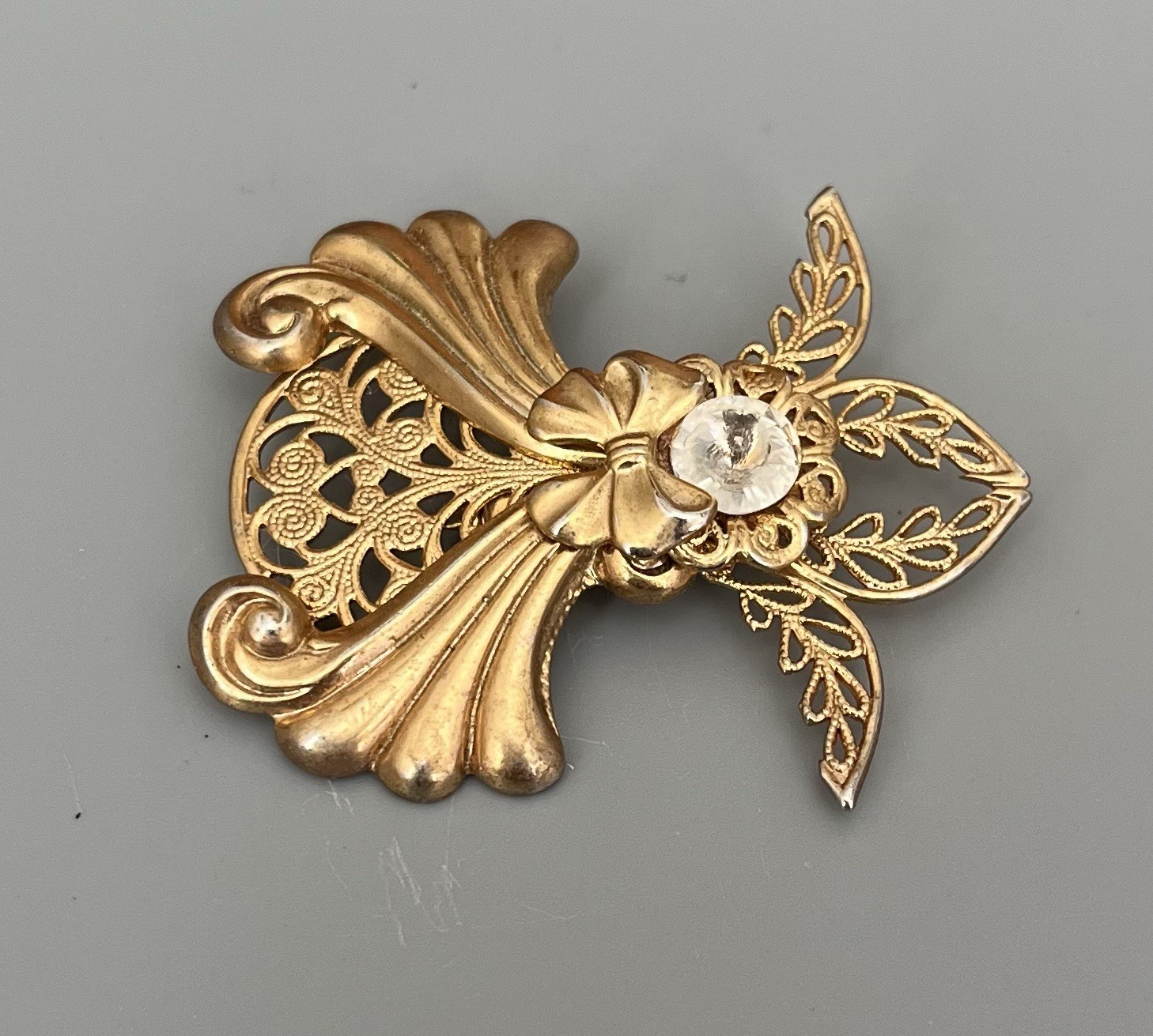 Vintage Signed JANE Angel Brooch Gold Tone-Clear Rhinestone 2” Open Cut Detail