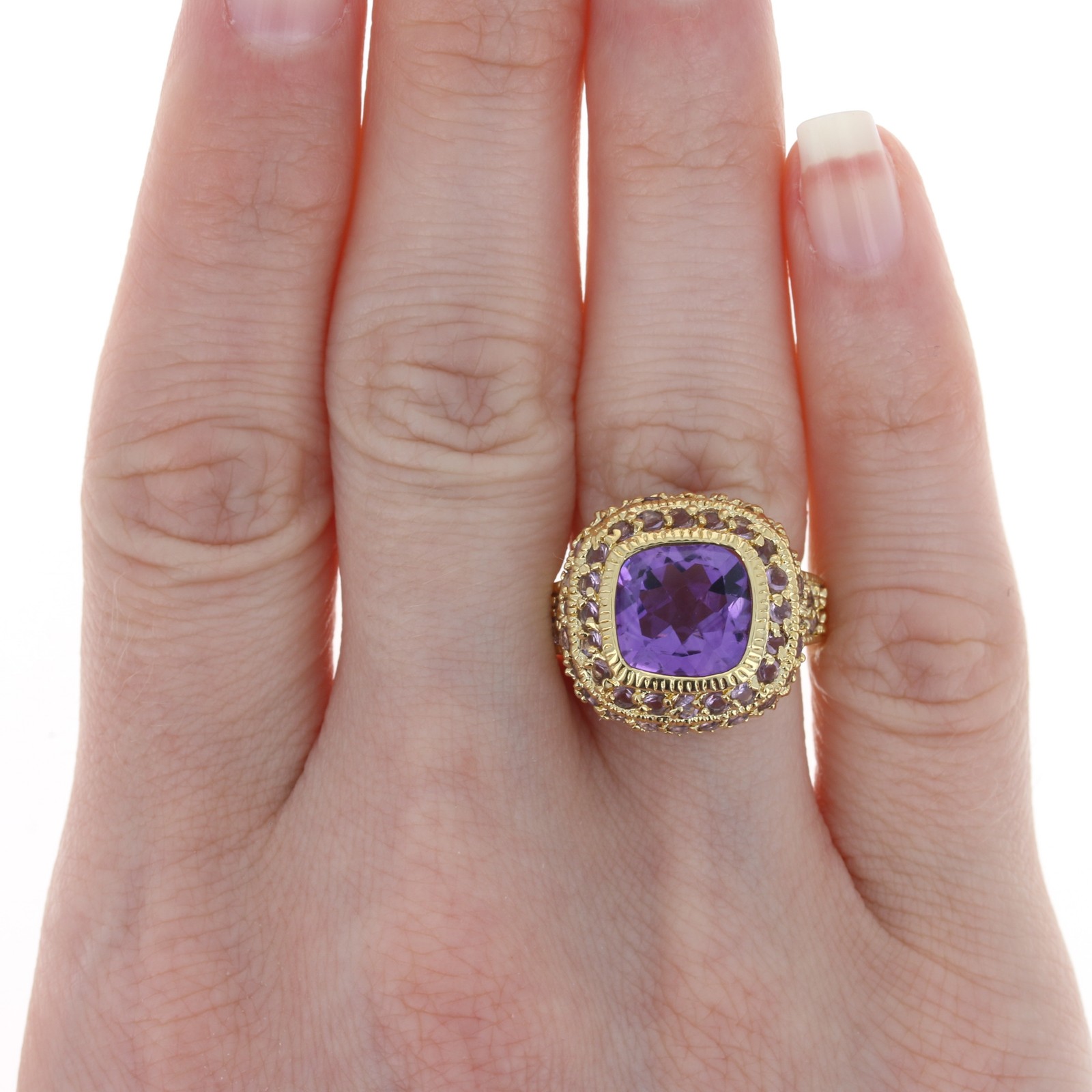 Sterling Silver Amethyst Halo Ring – 925 Gold Plated Cushion 6.70ctw Size 8