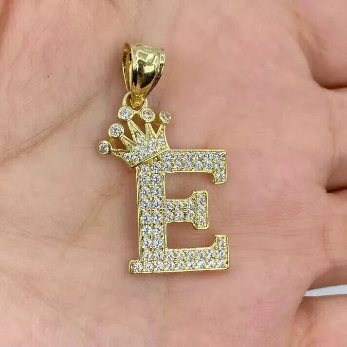 2Ct Real Moissanite Crown “E” Letter Initial Pendant 14K Yellow Gold Plated