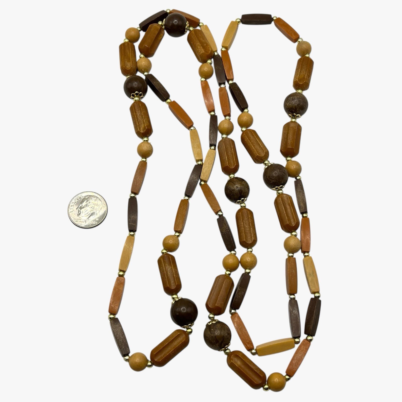 VTG Necklace Wood Grain Plastic Beads Brown Earth Tone Boho Layering Strand 46”