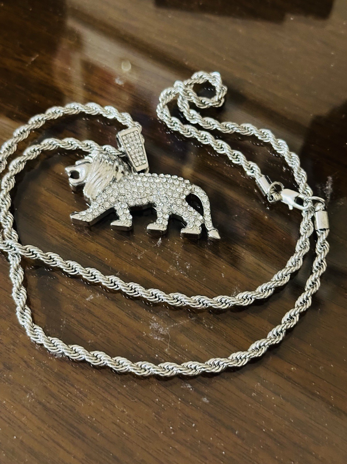 Silver Plated Cubic Zirconia LION Charm 4mm 24″ Rope Chain Hip Hop