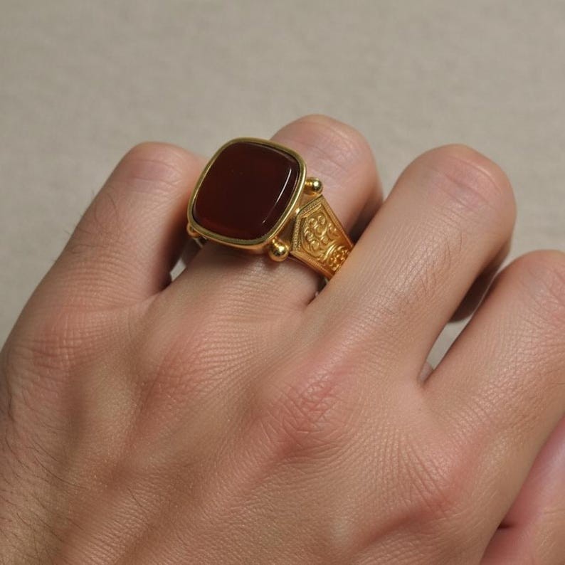 Brass Gold Plated Carnelian Ring Mens Vintage Red Agate Signet Statement New