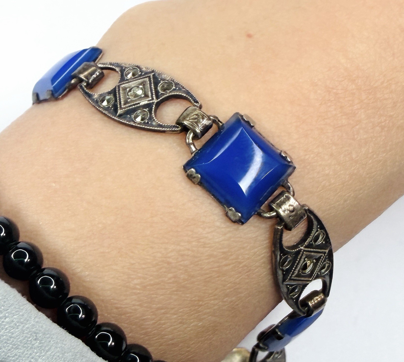 Rare Antique Art Deco Bracelet Blue Square Chalcedony Glass Beautiful Marcasite
