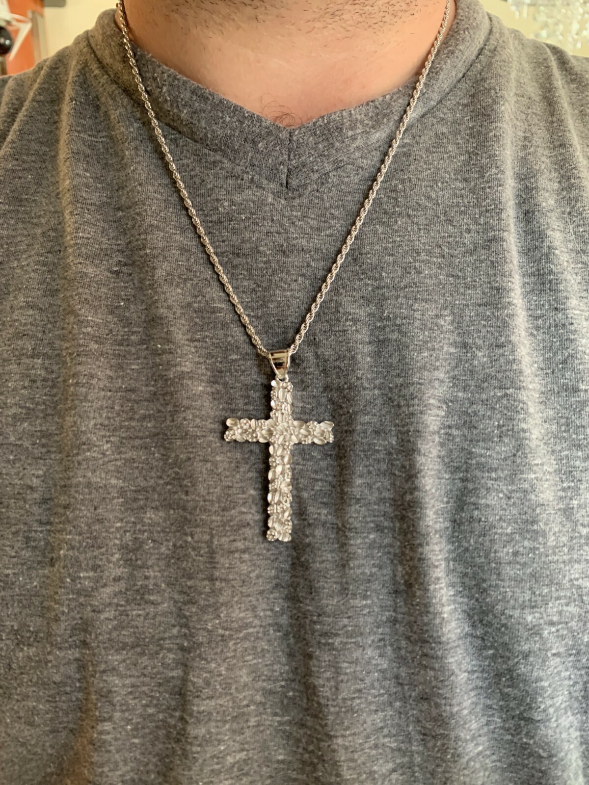 Mens Large 2.25″ Solid 925 Sterling Silver Nugget Cross Pendant Crucifix Chain