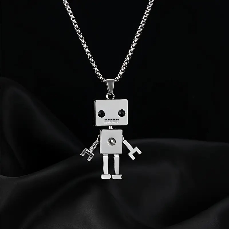 Silver Robot Pendant Necklace Cute Cartoon Toy Figure Geek Gamer Gift Unisex