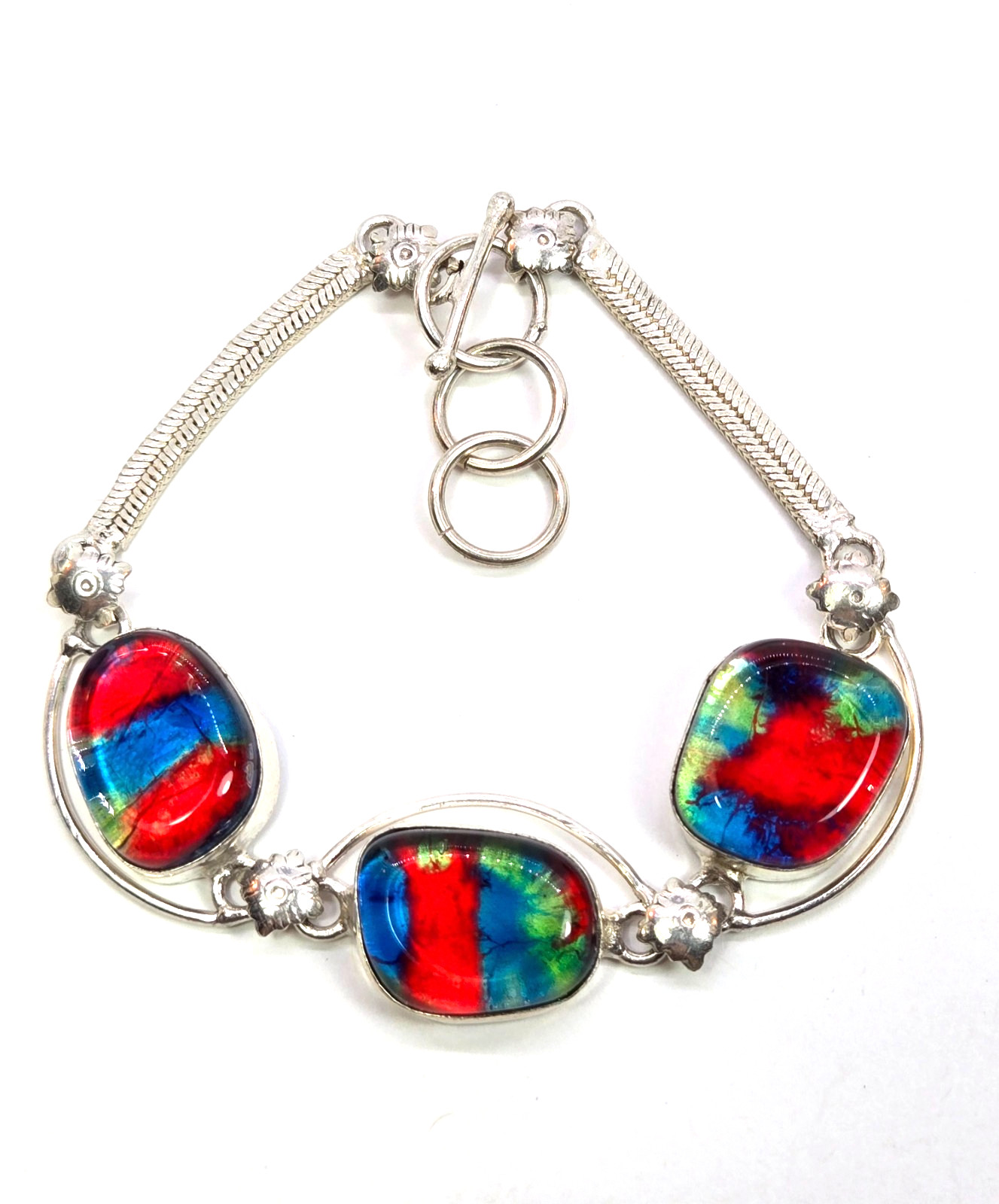Red Blue Dichroic Glass Bracelet 925 Sterling Silver Link Toggle Clasp 7.5-8.25″