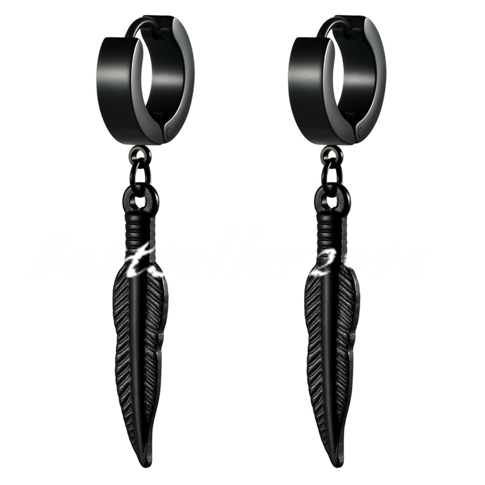 2pcs Men Women Stainless Steel Long Feather Dangle Hoop Huggie Earrings Studs
