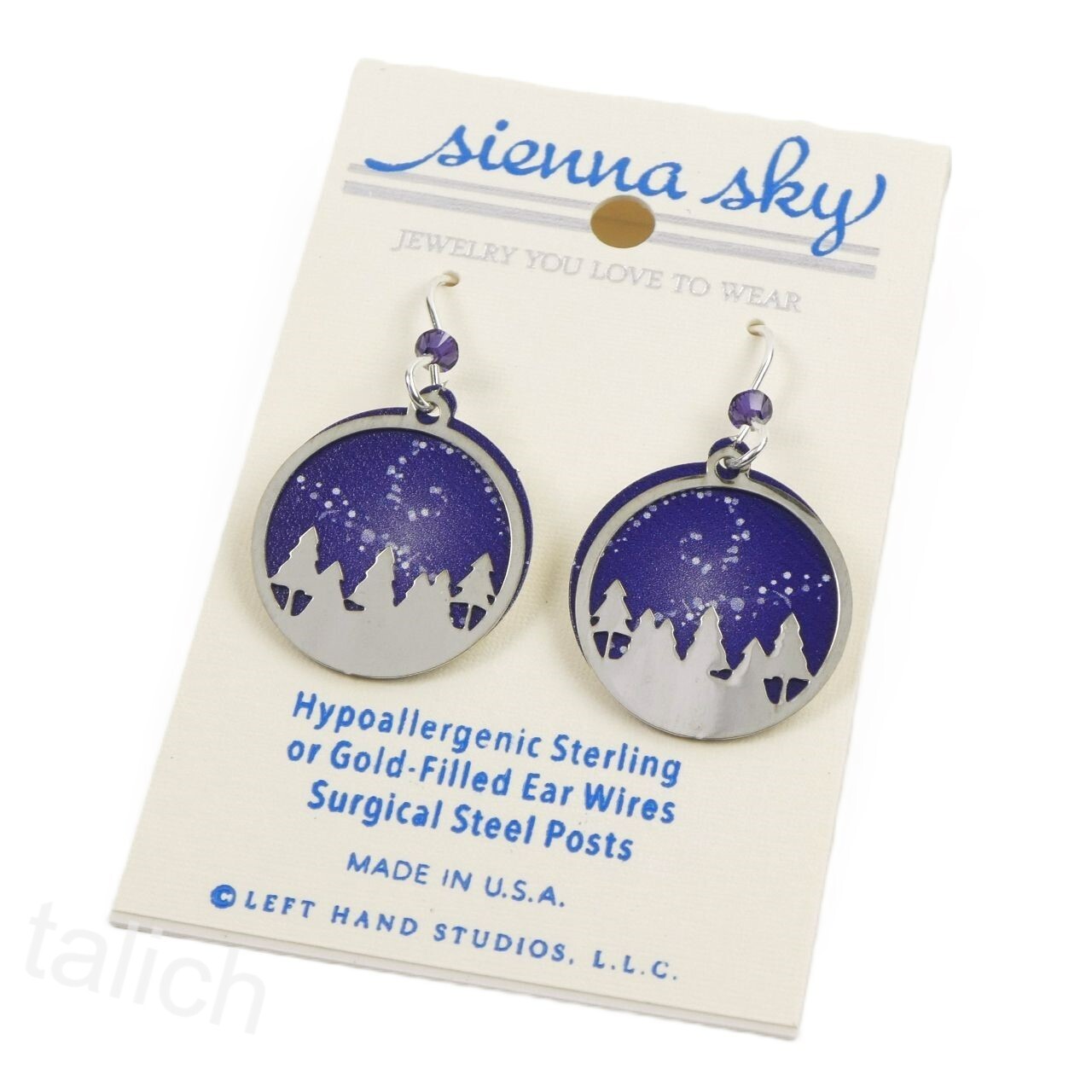 Sienna Sky Earrings Shiny Silver Tone Forest over Dark Blue Starry Night Unique