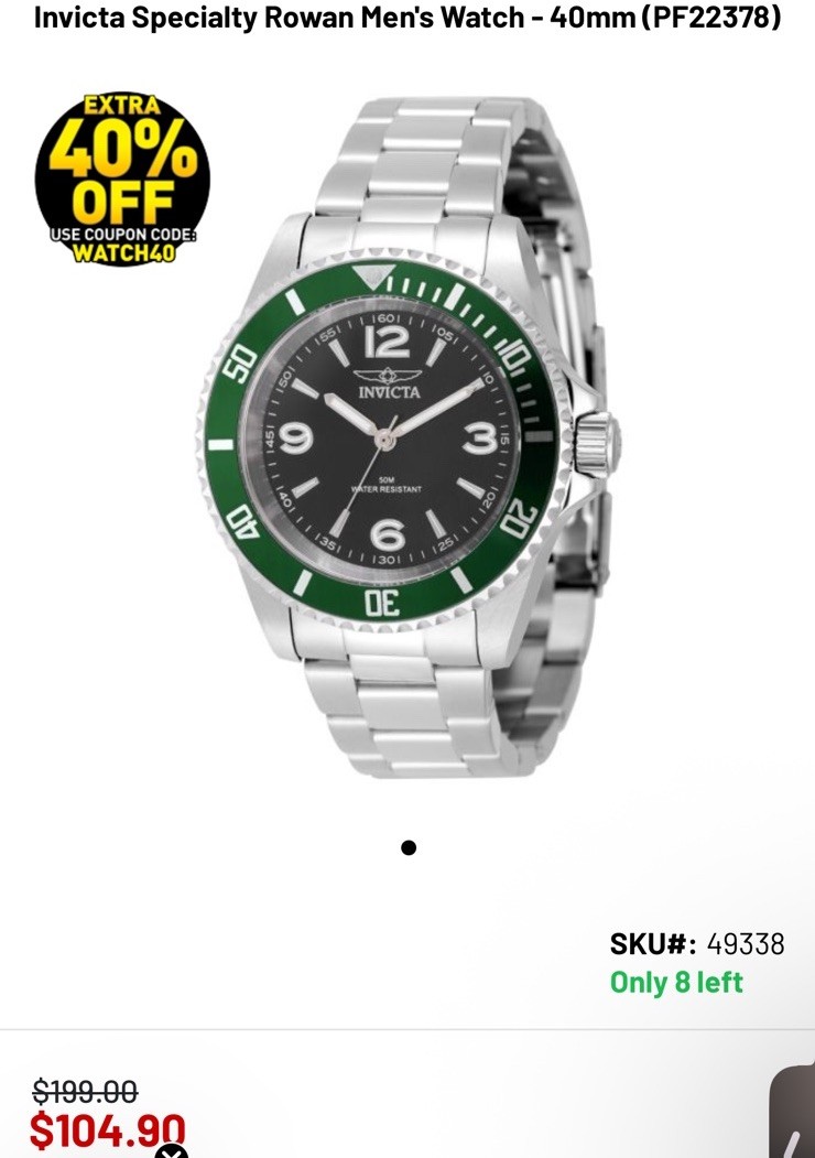 Invicta Specialty Rowan Diver Watch 40mm Steel Black/Green New W/ Box – $199
