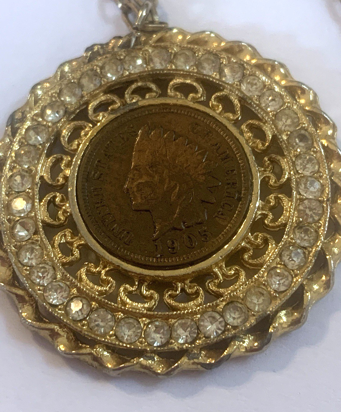 Indian Head Penny Pendant Rhinestone Vtg Necklace US Mint Dated 1905 Vintage