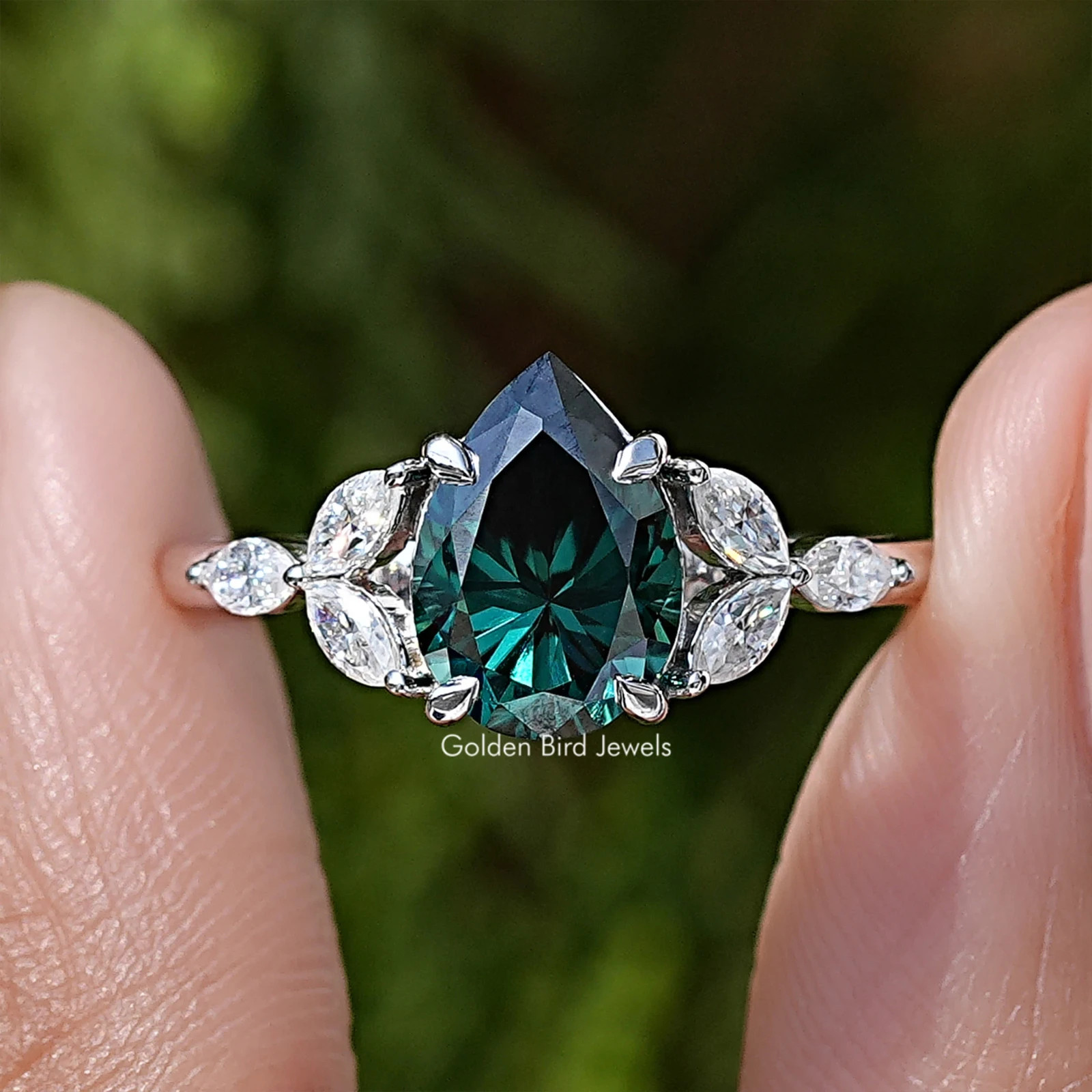 Green Pear Diamond Leaf Accent Engagement Ring