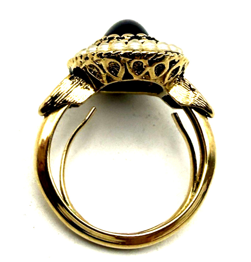 Vintage Avon Byzantine Style Faux Onyx & Pearl Gold Tone Cocktail Ring Size 4