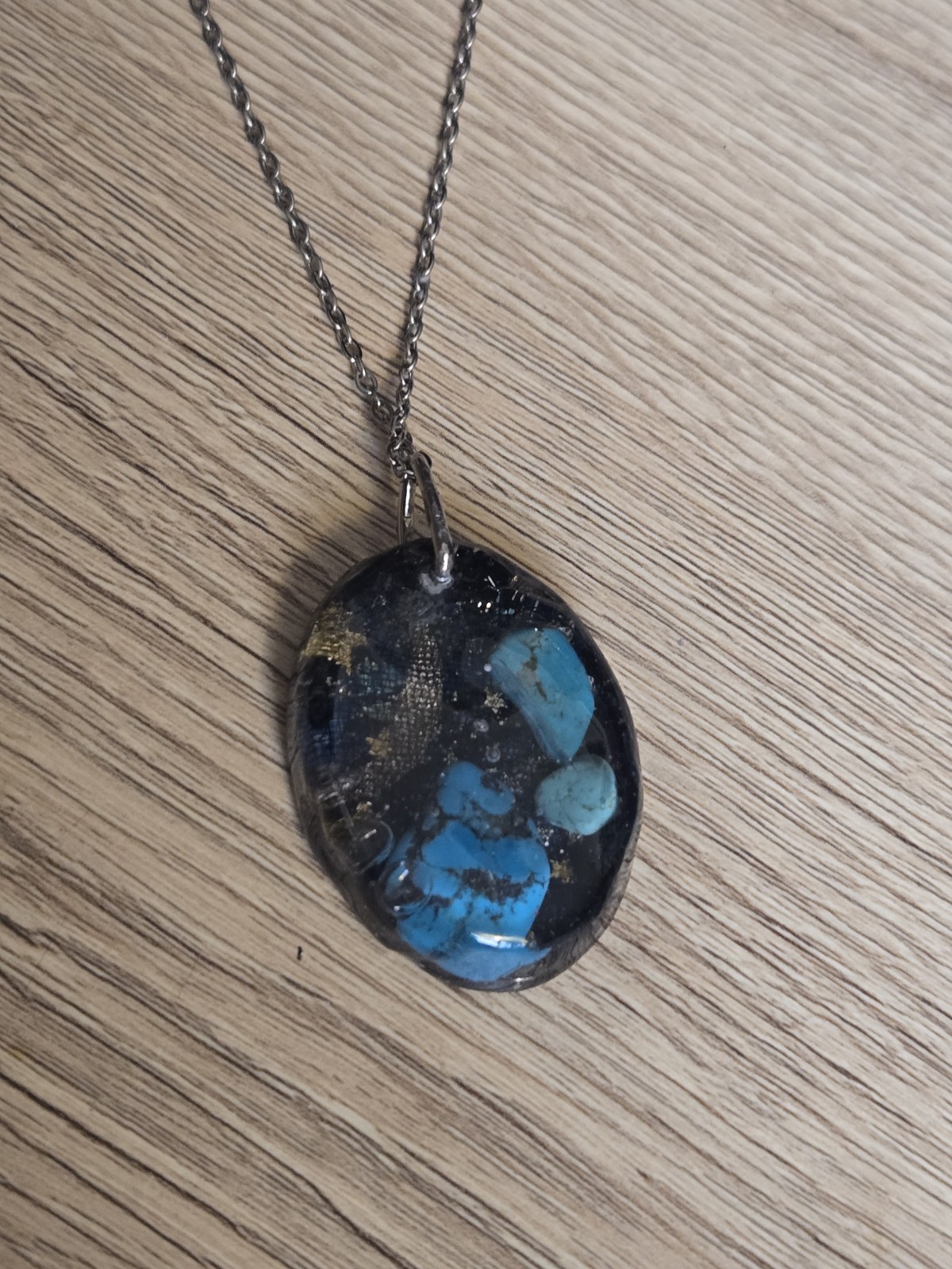 Turquoise Galaxy Resin Pendant Artisan Necklace 20 Inch Stainless Steel Chain