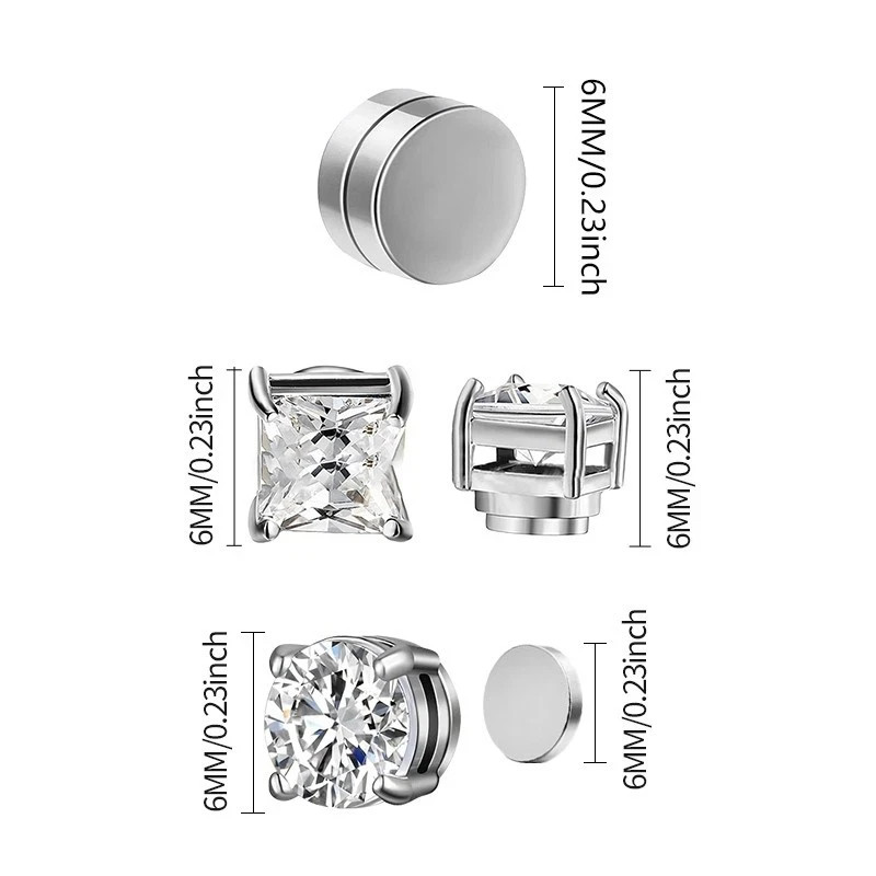 Magnetic Stud Earrings Non Piercing Clip On Stainless Steel CZ Round Square 6mm