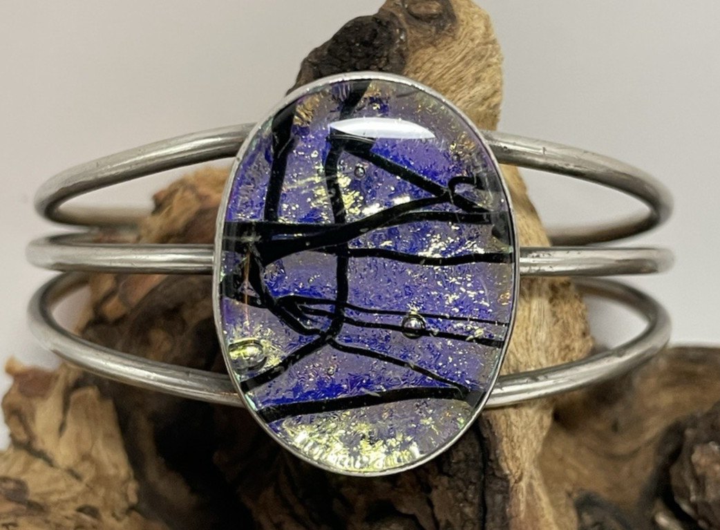 Vtg 925 Sterling Silver Dichroic Glass Purple Yellow Black Cuff Bracelet 36.3g